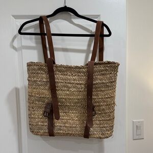 Woven Straw Tote with Brown Leather Straps